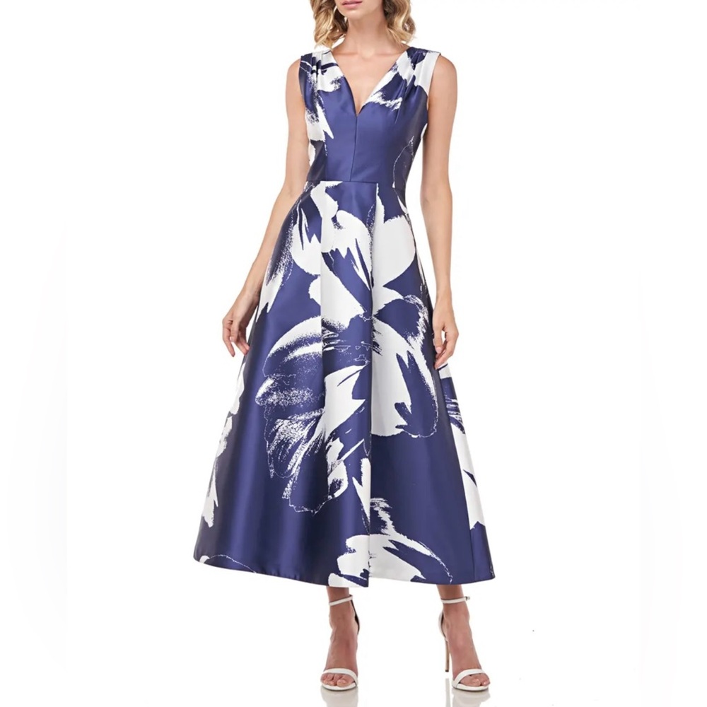 Kay Unger Blue and White Patterned Midi Dress